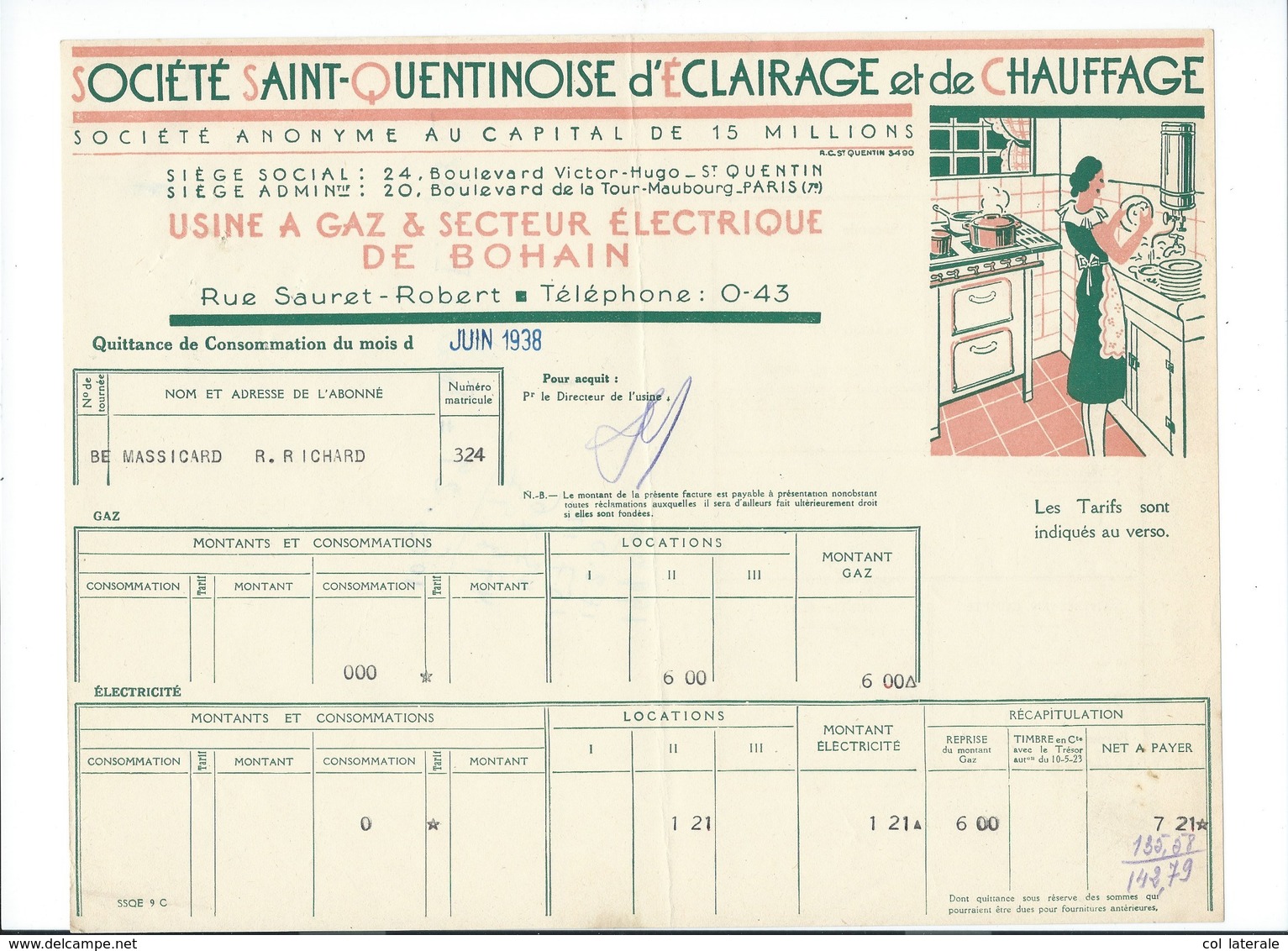 1938 X 2 Quittance De Consommation Sté Saint-Qentinoise D'éclairage Et De Chauffage St Quentin 2 Visuels 2 Scans - Autres & Non Classés