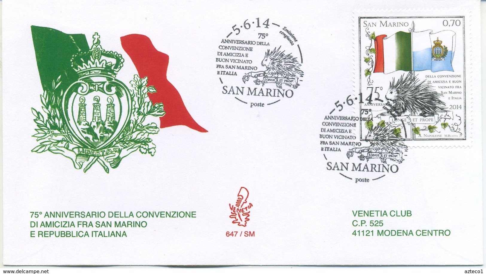 SAN MARINO - FDC VENETIA 2014 - CONVENZIONE AMICIZIA SAN MARINO - ITALIA - FDC