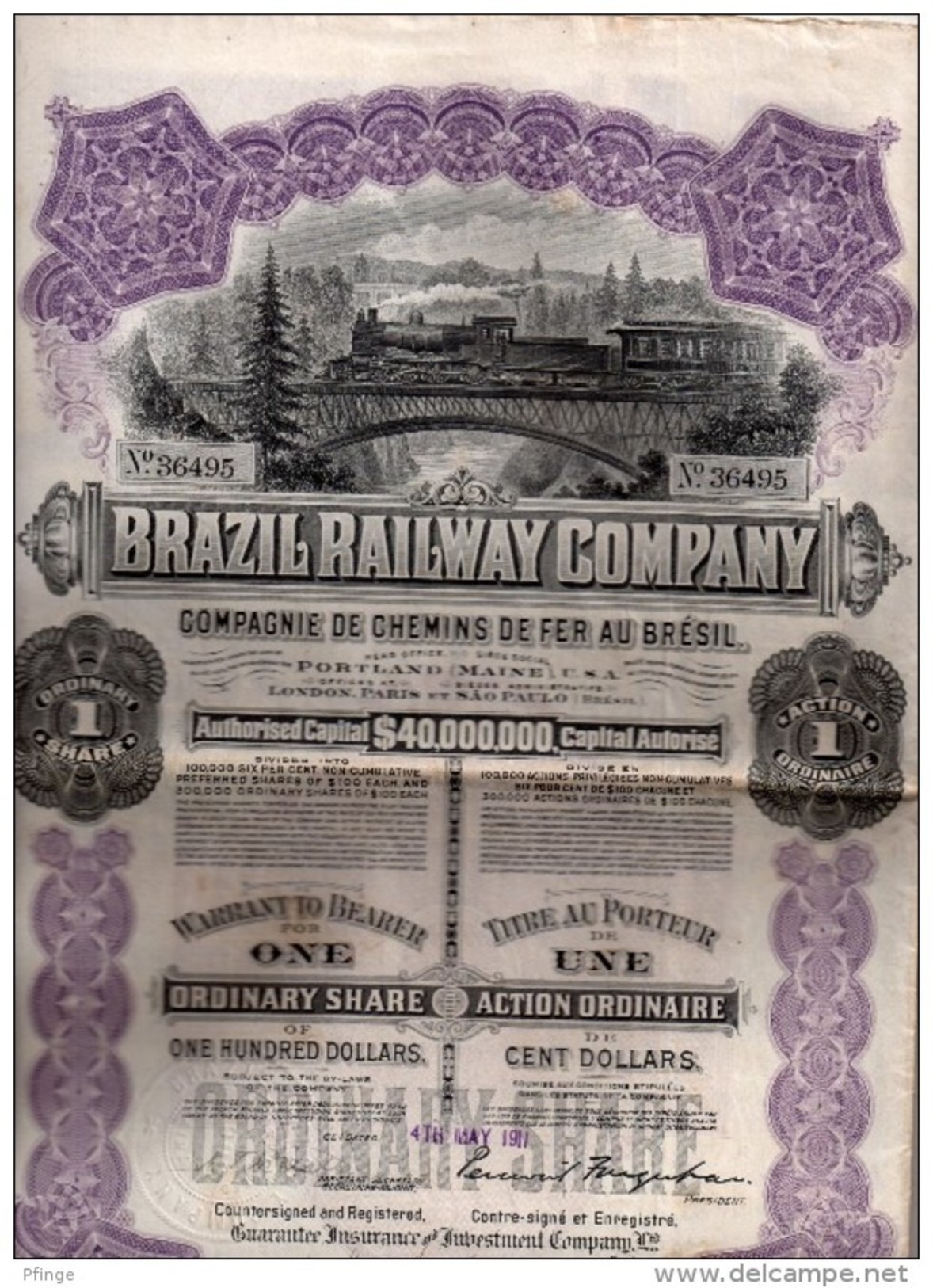 Brazil Railway Company - Compagnie De Chemins De Fer Au Brésil - Action Ordinaire De  100 Dollars - Railway & Tramway