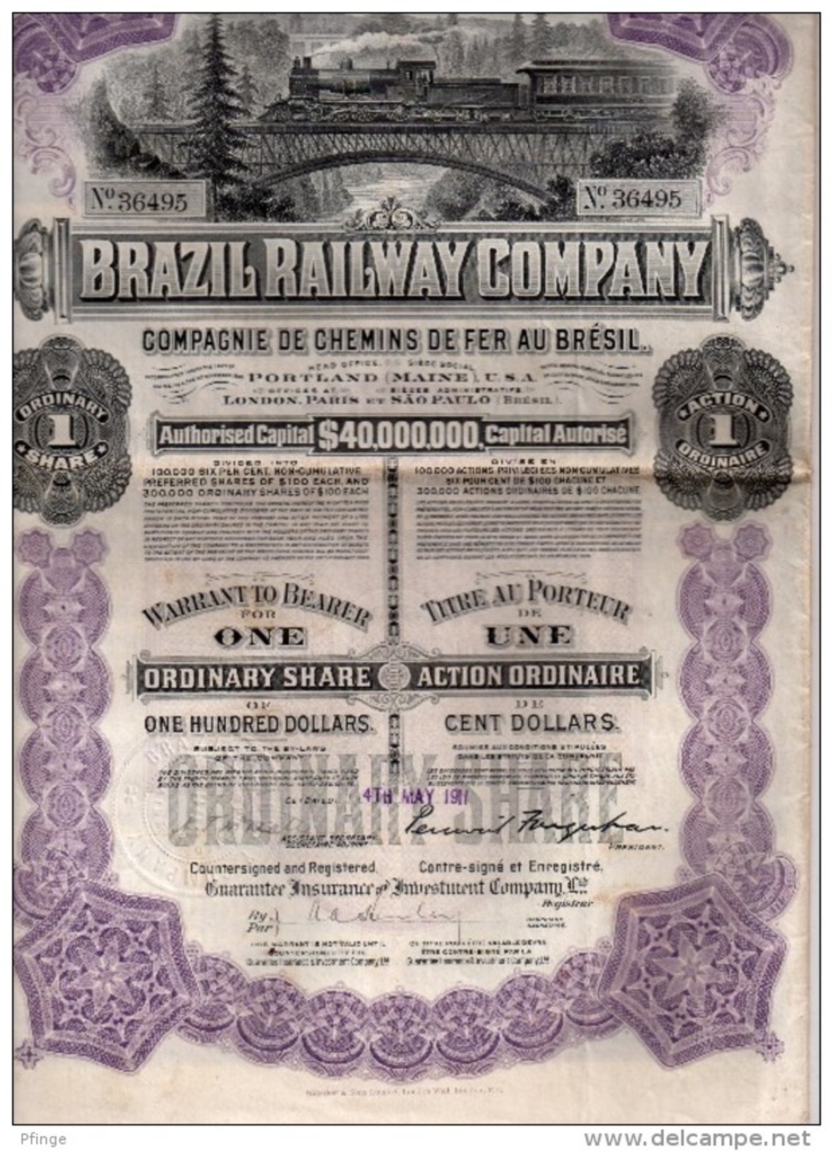 Brazil Railway Company - Compagnie De Chemins De Fer Au Brésil - Action Ordinaire De  100 Dollars - Chemin De Fer & Tramway