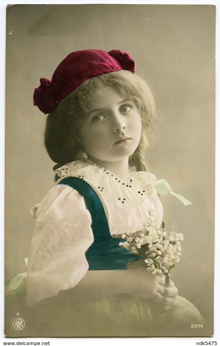 PRETTY GIRL WITH RED HAT AND POSY OF FLOWERS : HAND-COLOURED - Portraits