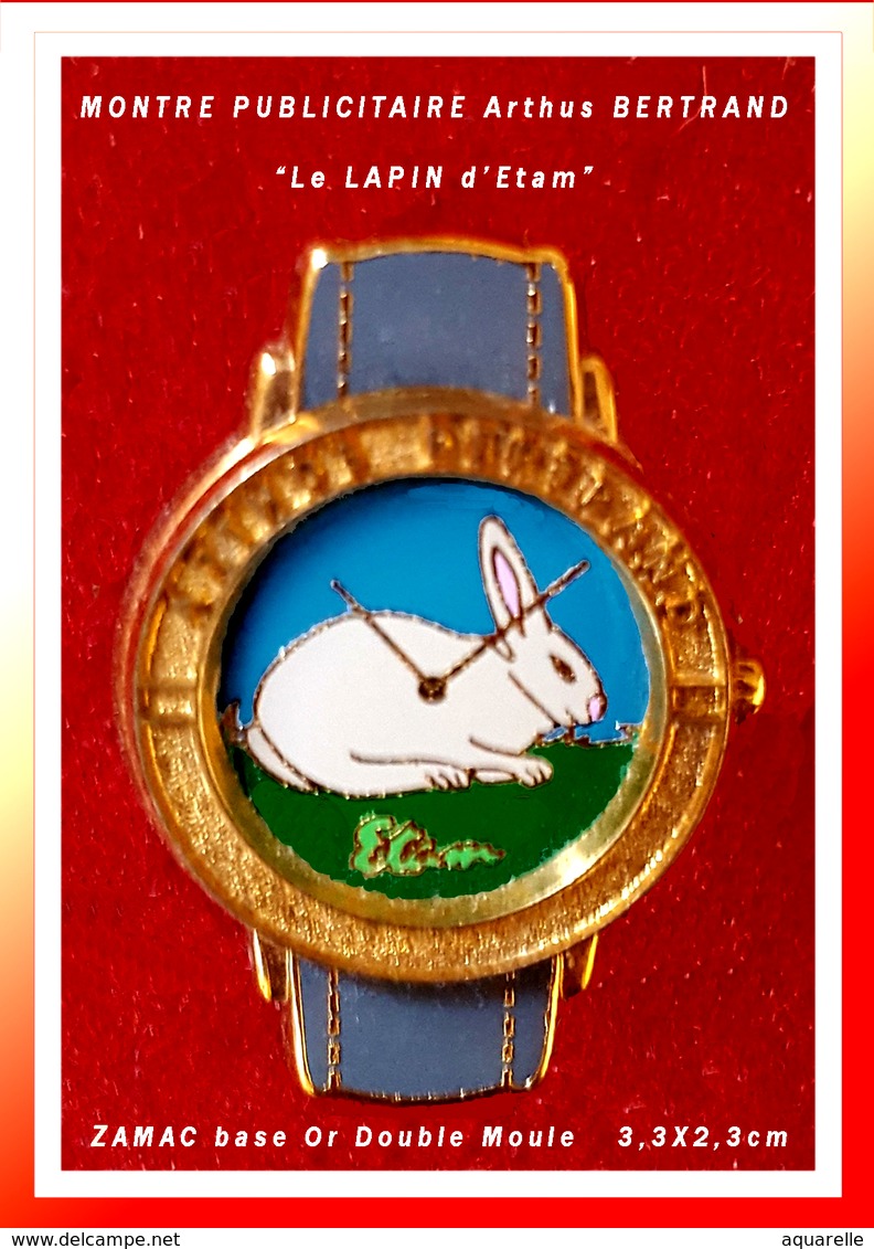 SUPER PIN'S MONTRE PUBLICITAIRE Arthus BERTRAND : Version "Visuel LAPIN", "ETAM" MONTRE Base Or Double Moule, 3,3X2,3cm - Arthus Bertrand