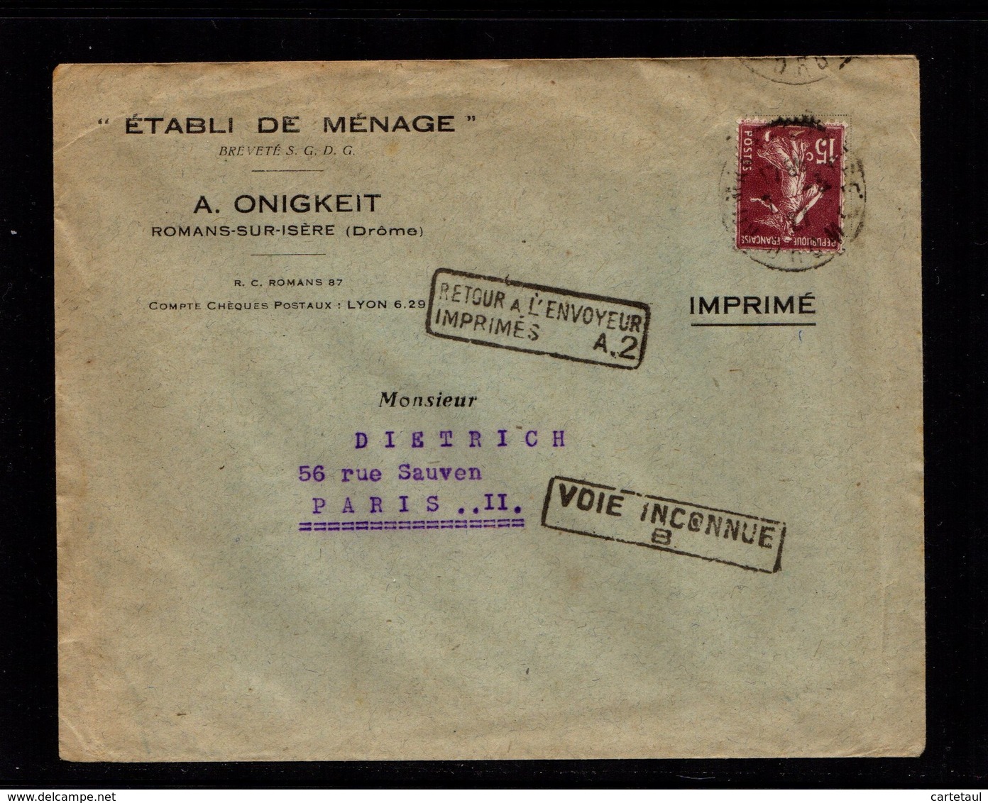 1927 ETABLI DE MENAGE Tarif Imprimé 15c Semeuse Romans-sur-Isère 7-3-27 Pour Paris Retour Envoyeur Imprimés A2 Voie Inc - 1921-1960: Période Moderne