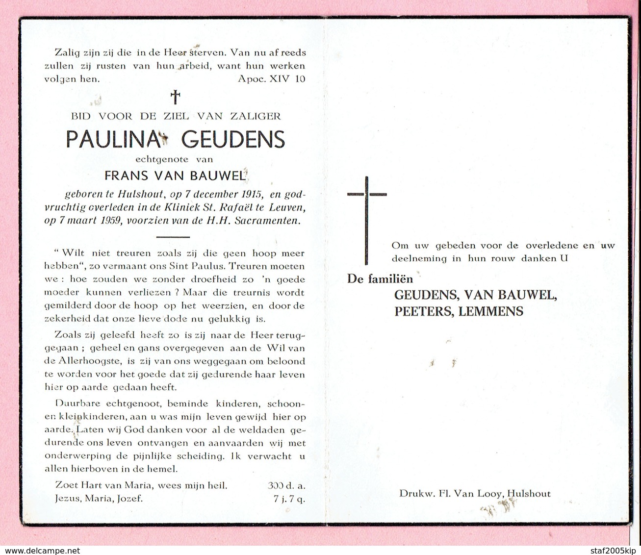 Bidprentje - Paulina GEUDENS Echtg. Frans VAN BAUWEL - Hulshout 1915 - Leuven 1959 - Religion & Esotérisme