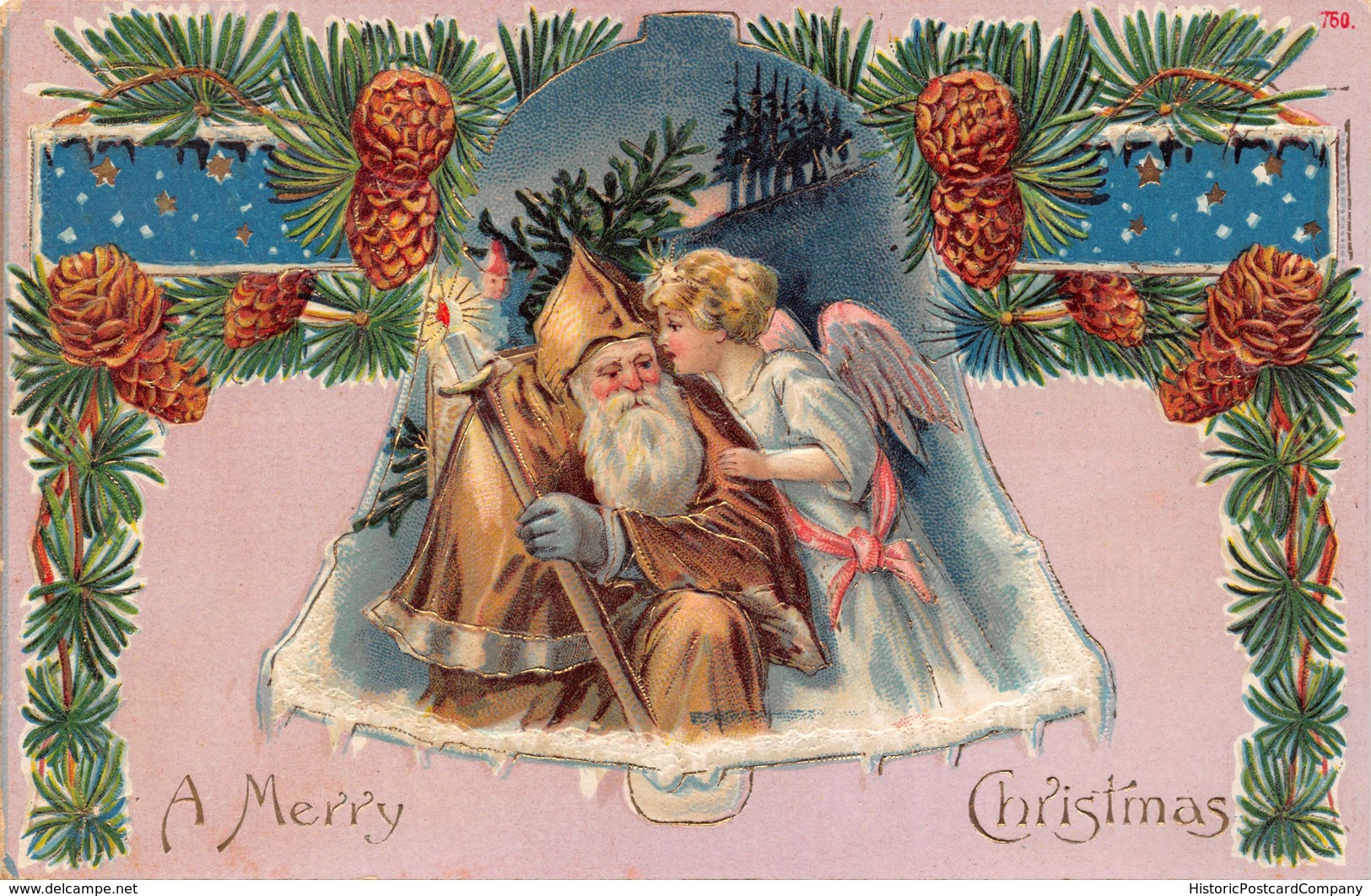 SANTA CLAUS IN BROWN SUIT-WINGED ANGEL-GILT EMBOSSED MERRY CHRISTMAS POSTCARD GERMAN PUBLISHED 39228 - Santa Claus