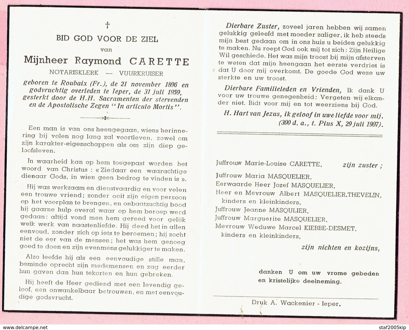 Bidprentje - Raymond CARETTE Notarisklerk Vuurkruiser - Roubaix (FR) 1896 - Ieper 1959 - Religion & Esotérisme