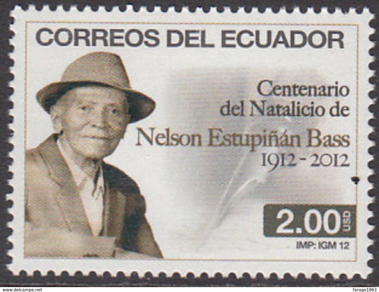 2012 Ecuador Bass Writer Literature  Complete Set Of 1 MNH - Equateur