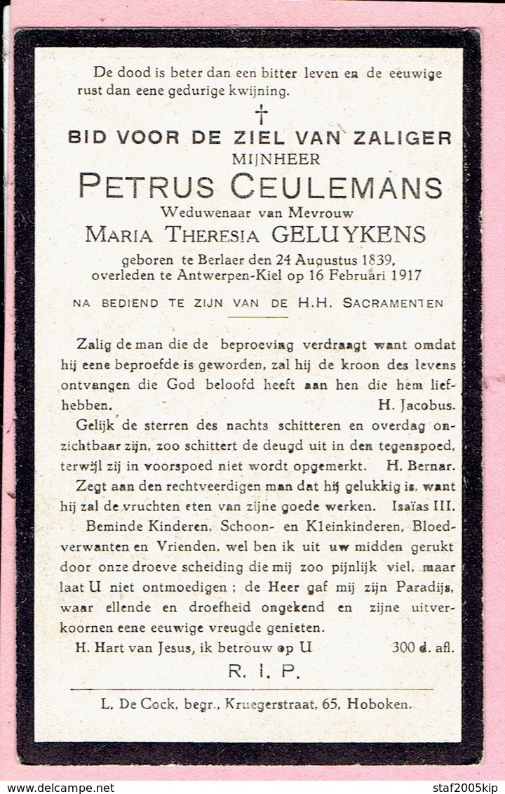 Bidprentje - Petrus Ceulemans Wed. Maria Theresia Geluykens - Berlaar 1839 - Antwerpen Kiel 1917 - Religion & Esotérisme