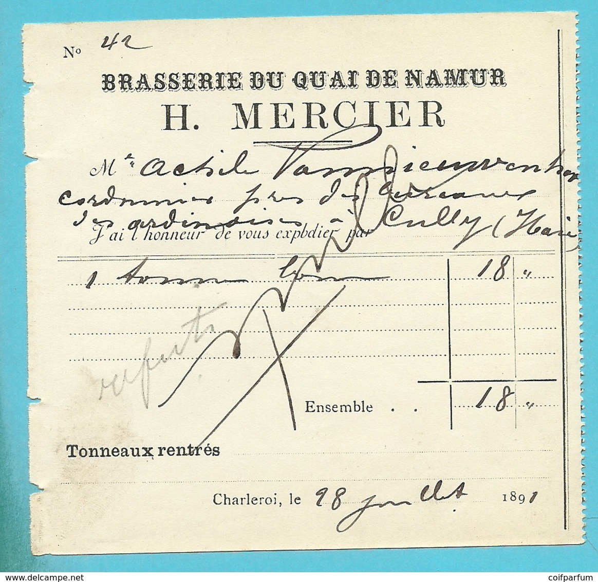 BRASSERIE DU QUAI DE NAMUR - H.MERCIER  / CHARLEROI 1891  (1272) - 1800 – 1899