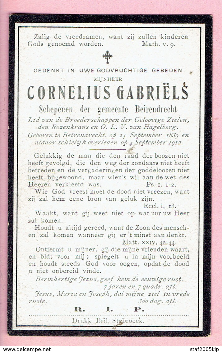 Bidprentje - Cornelius Gabriëls Schepenen Der Gemeente Beirendrecht - 1839 - 1912 - Religion & Esotérisme