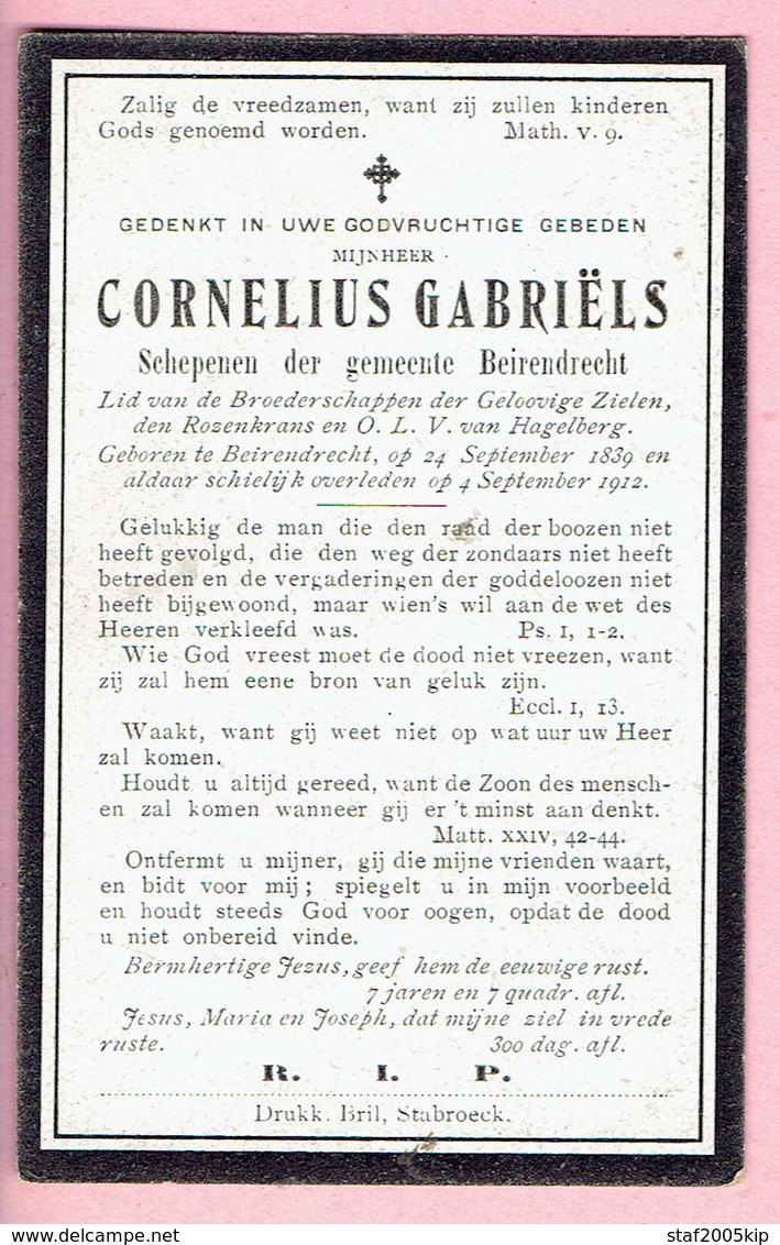 Bidprentje - Cornelius Gabriëls Schepenen Der Gemeente Beirendrecht - 1839 - 1912 - Religion & Esotérisme