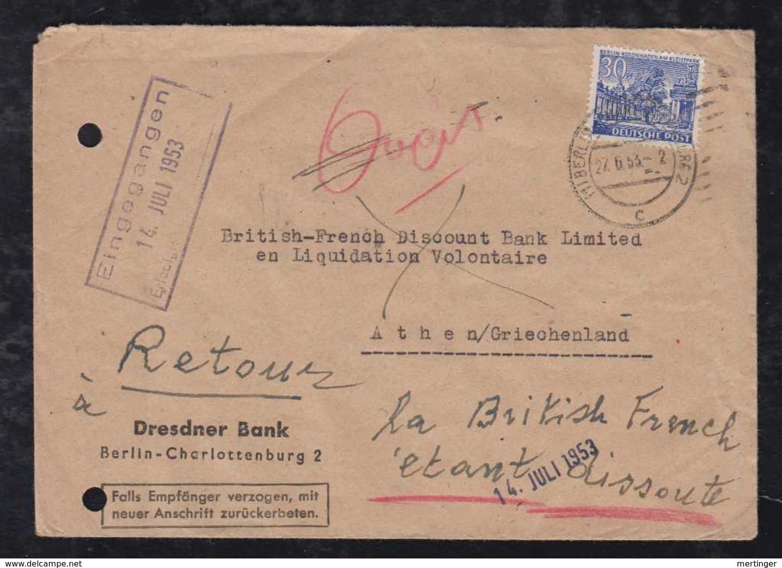 BERLIN 1953 Brief 1x 30Pf Bauten Nach Athen Griechenland Zurueck An Absender - Briefe U. Dokumente