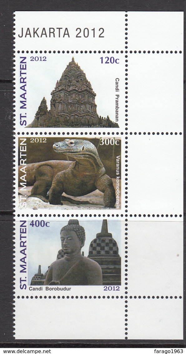 2012 St. Maarten Indonesia Reptile Archaeology Complete Strip Of 3 Stamps MNH  @ 80% Of FACE VALUE - Curacao, Netherlands Antilles, Aruba