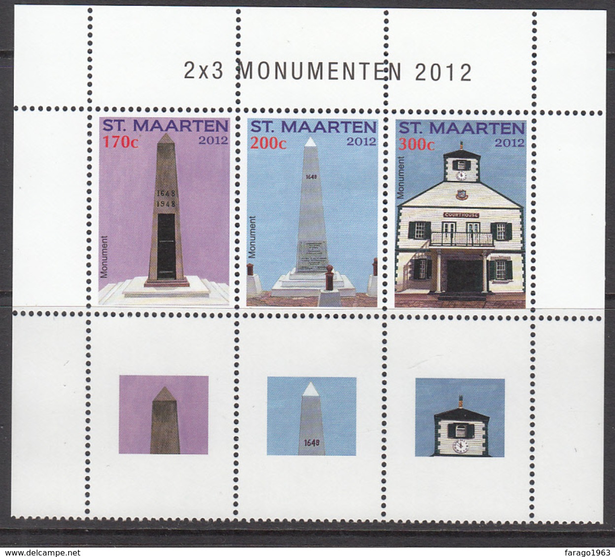 2012 St. Maarten Monuments Miniature Sheet Of 3 Stamps MNH  @ 80% Of FACE VALUE - Curacao, Netherlands Antilles, Aruba