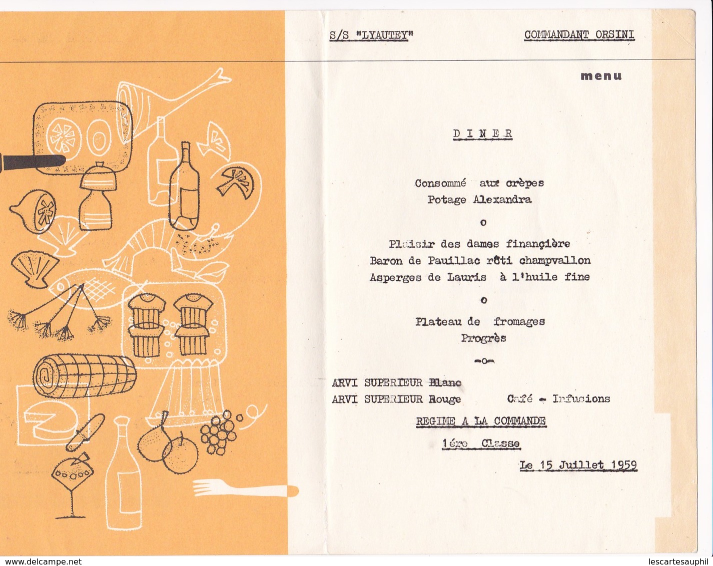 Menu CNP Compagnie Navigation Paquet Paquebot LYAUTEY Commandant Orsini Maroc Canarie Senegal - Menu