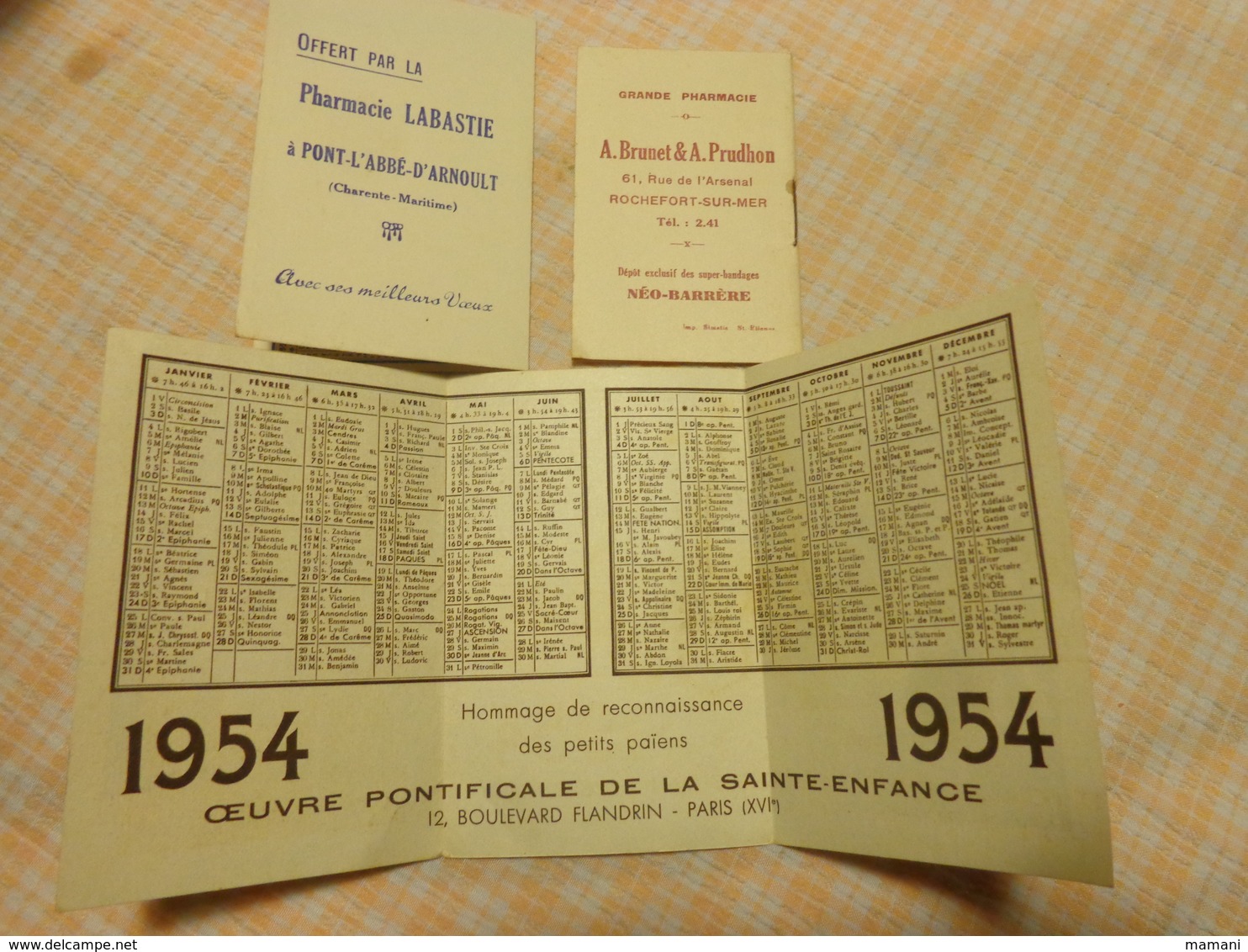 Lot De Petits Calendriers Publicite 1950-1951-1954-oeuvre Pontificale-pharmacie Labastie Pont L'abbe-brunet A.prudhon - Autres & Non Classés