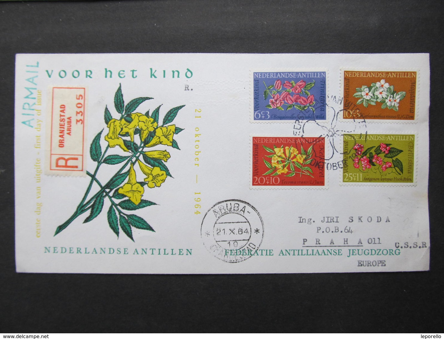 R BRIEF Aruba - Praha FDC Flowers Blumen 1964  !///  D*36756 - Niederländische Antillen, Curaçao, Aruba