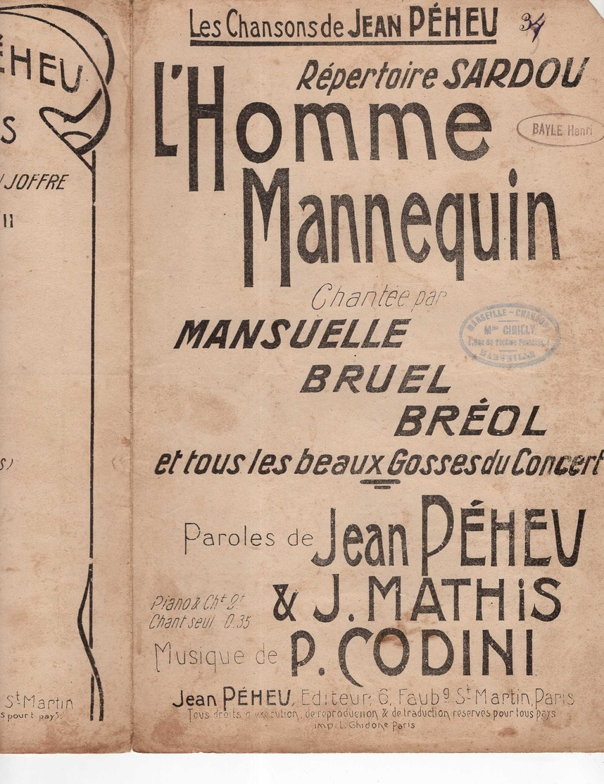 CAF CONC 1914 LGBT !!! PARTITION L'HOMME MANNEQUIN JEAN PÉHEU SARDOU [VALENTIN] MATHIS PIETRO CODINI MANSUELLE TRAVESTI - Autres & Non Classés