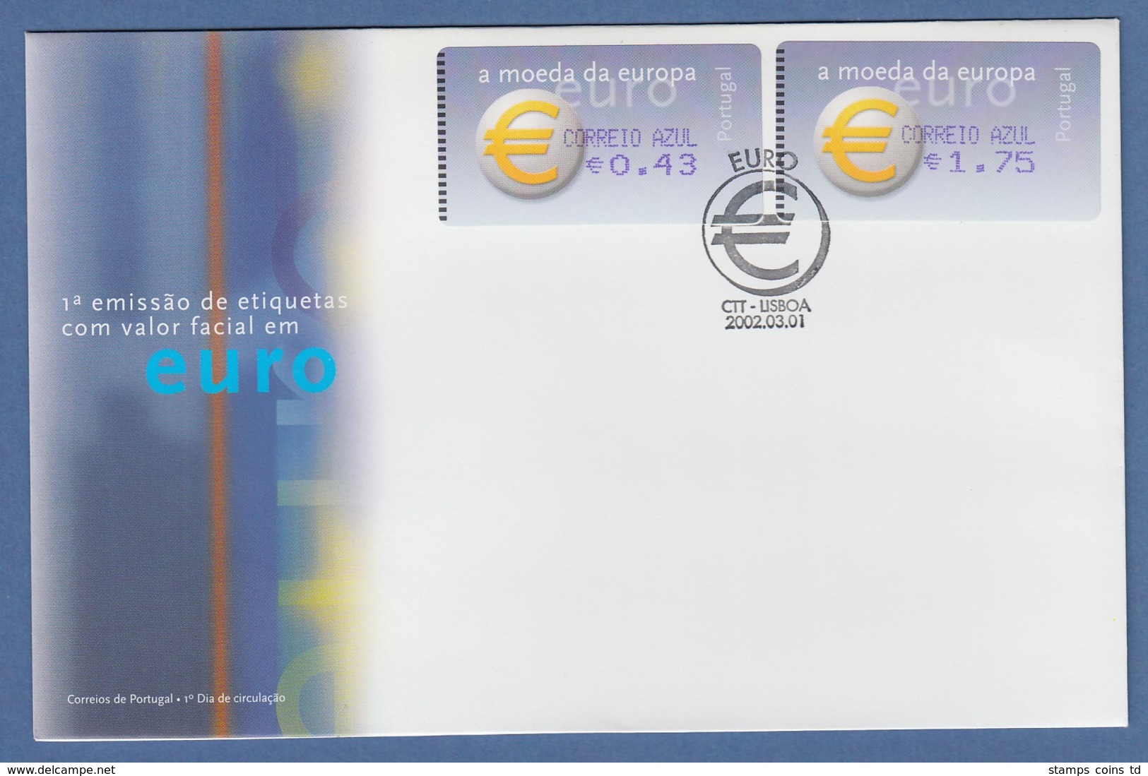 Portugal 2002 ATM €-Einführung Amiel Mi-Nr 40.2.2 Z2 Satz AZUL 0,43 / 1,75 FDC - Automatenmarken [ATM]