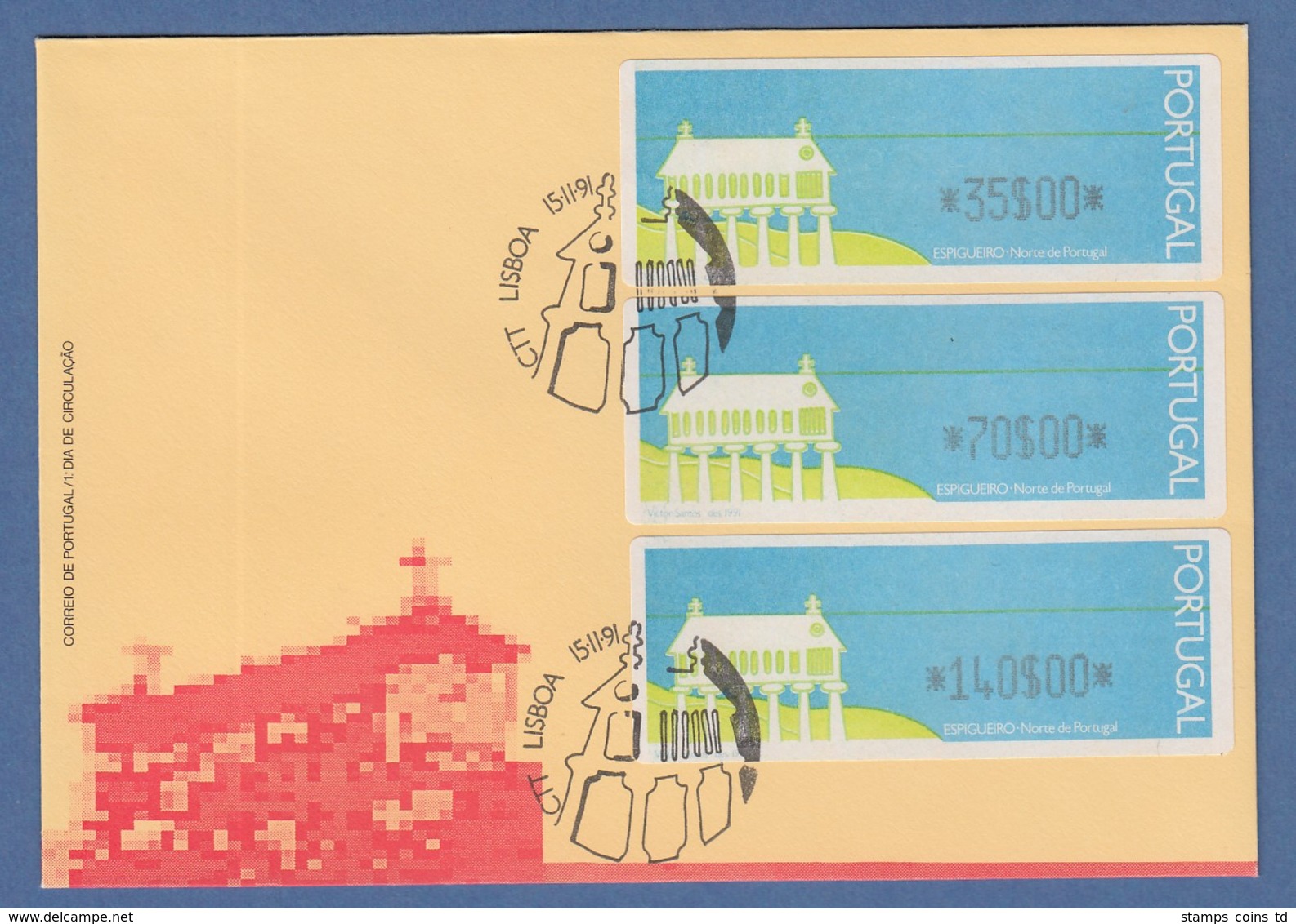 Portugal 1991 ATM Espigueiro Mi.-Nr. 3 Offiz FDC Mit Satz 35-70-140 ET-O LISBOA - Automatenmarken [ATM]