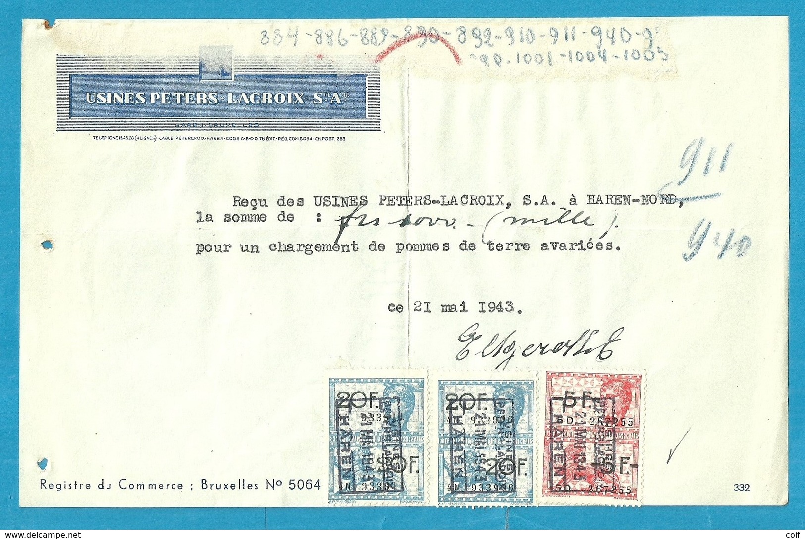 Fiscale Zegels 20 Fr.+5 Fr....TP Fiscaux / Op Dokument/RECU  1943 Met Firmaperforatie (perfin) U.P.L. (Usines Peters+Lac - Documenten