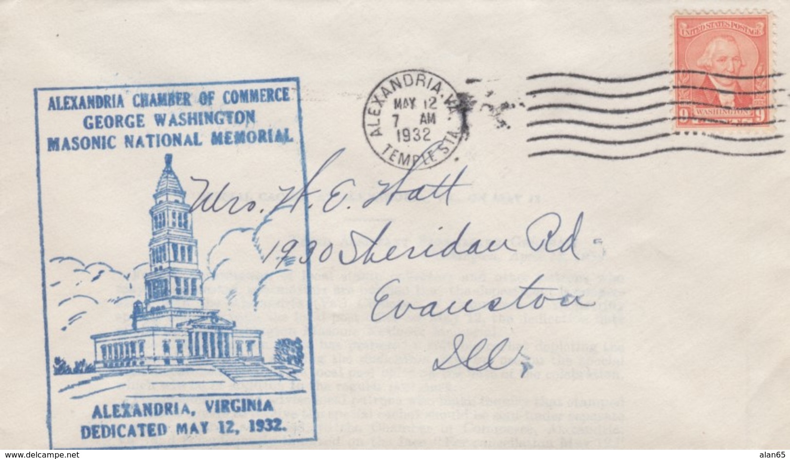 Masonic National Memorial Alexandria Virginia Dedication 12 May 1932 9c Washington Issue Sc#714 Cover - Omslagen Van Evenementen