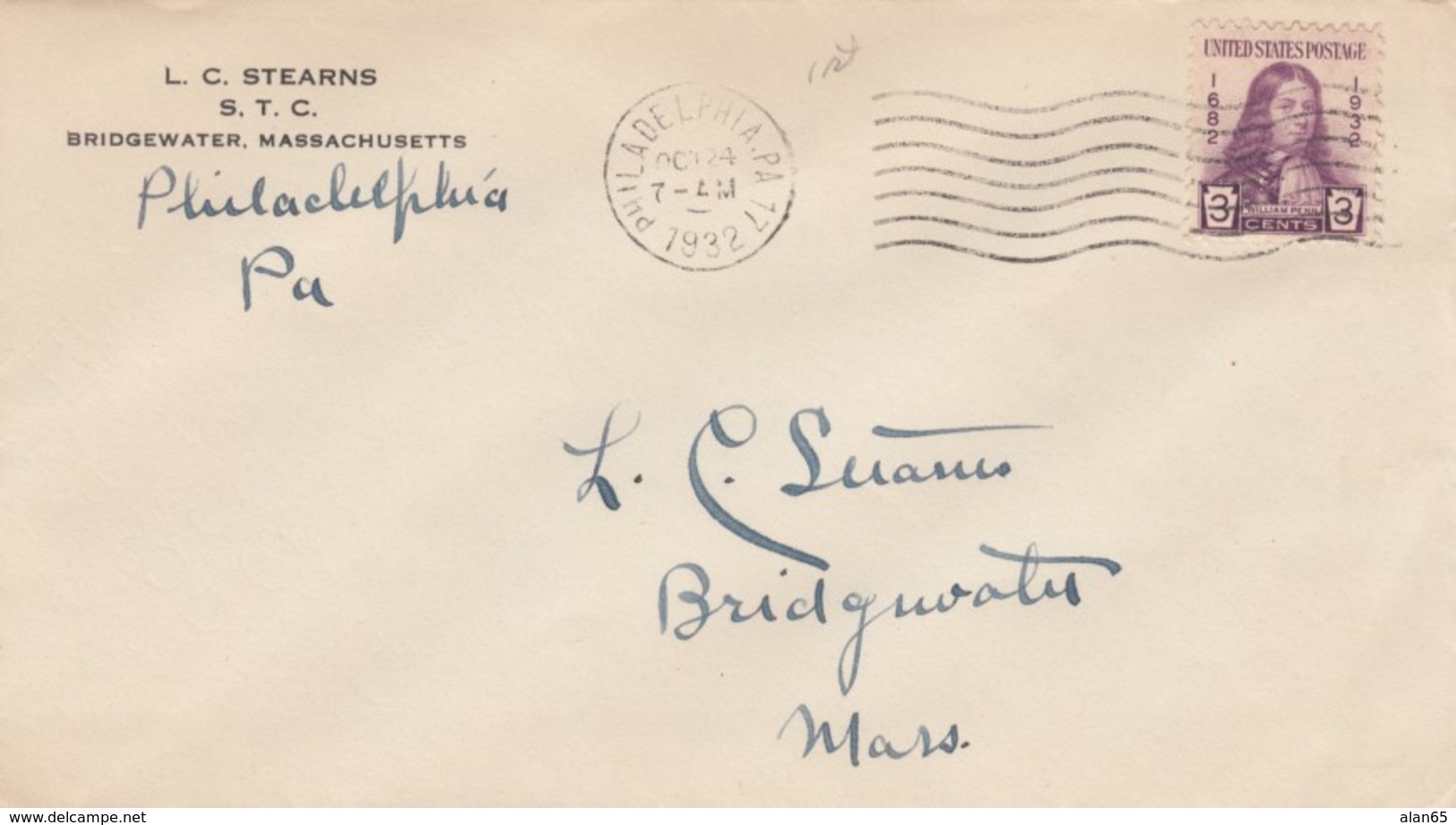 Sc#724 William Penn 3c Issue FDC Day Of Issue Cover, Philadelphia PA 24 October 1932 Cover - 1851-1940