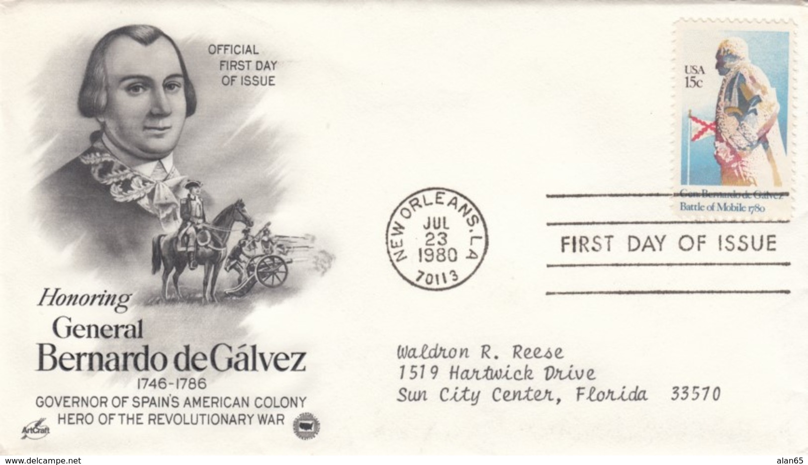 Sc#1826 General Galvez 15c Issue FDC Day Of Issue Cover, New Orleans LA 23 July 1980 Illustrated Cover - 1971-1980