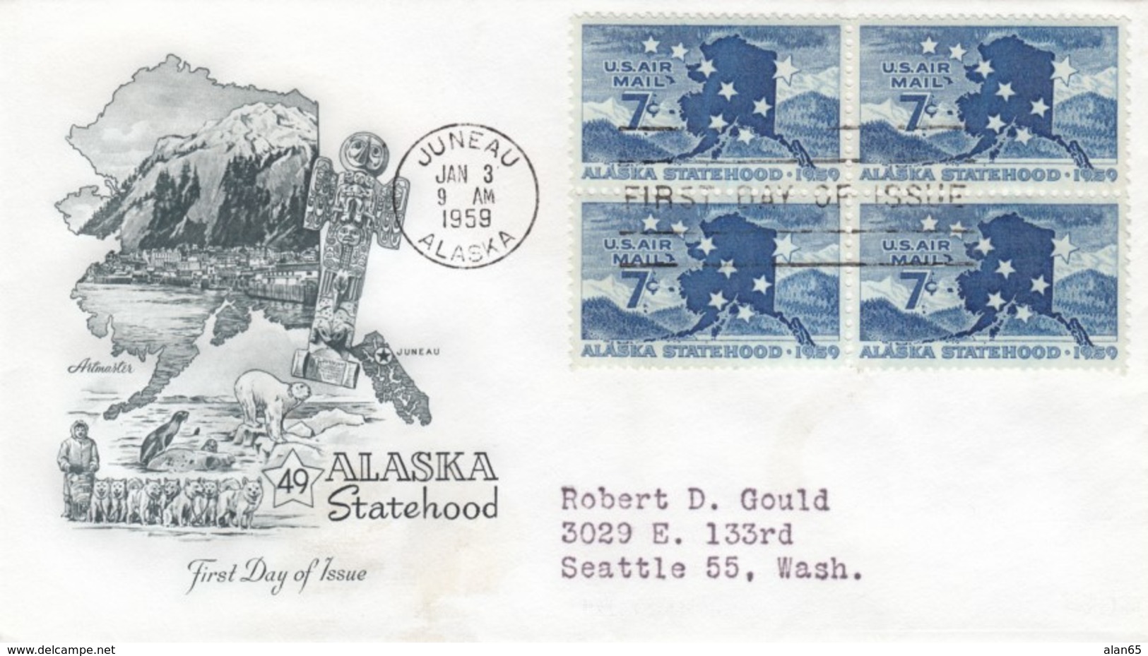 Sc#C53 Alaska Statehood 7c Air Mail Issue FDC Day Of Issue Cover, Juneau Alaska 3 January 1959 Illustrated Cover - 1951-1960