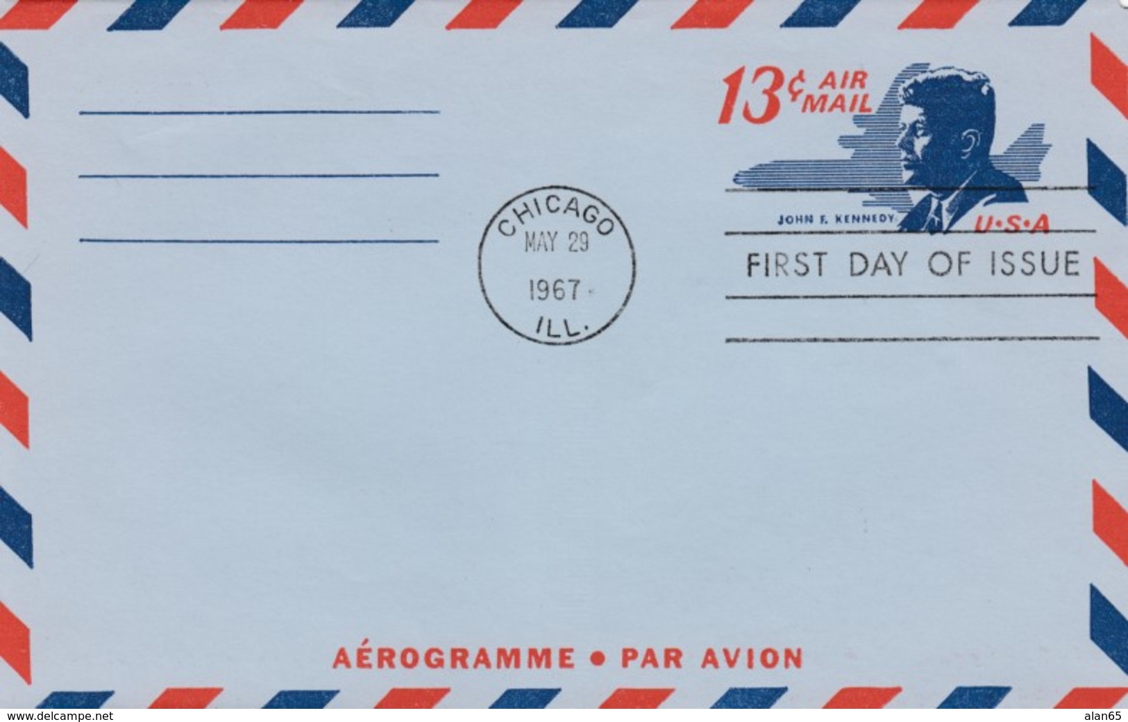 Sc#UC39 13c Kennedy Air Mail Aerogramme FDC, 29 May 1967 Chicago IL Postmark - 1961-1970