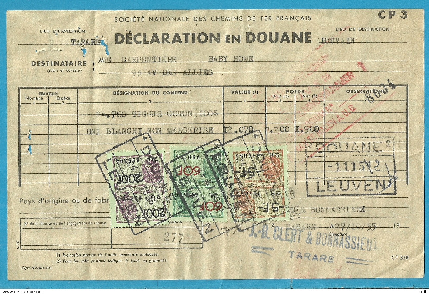 Fiscale Zegels 200 Fr.+60 Fr...TP Fiscaux / Op Dokument/ DECLARATION EN DOUANE 1955 - Documents
