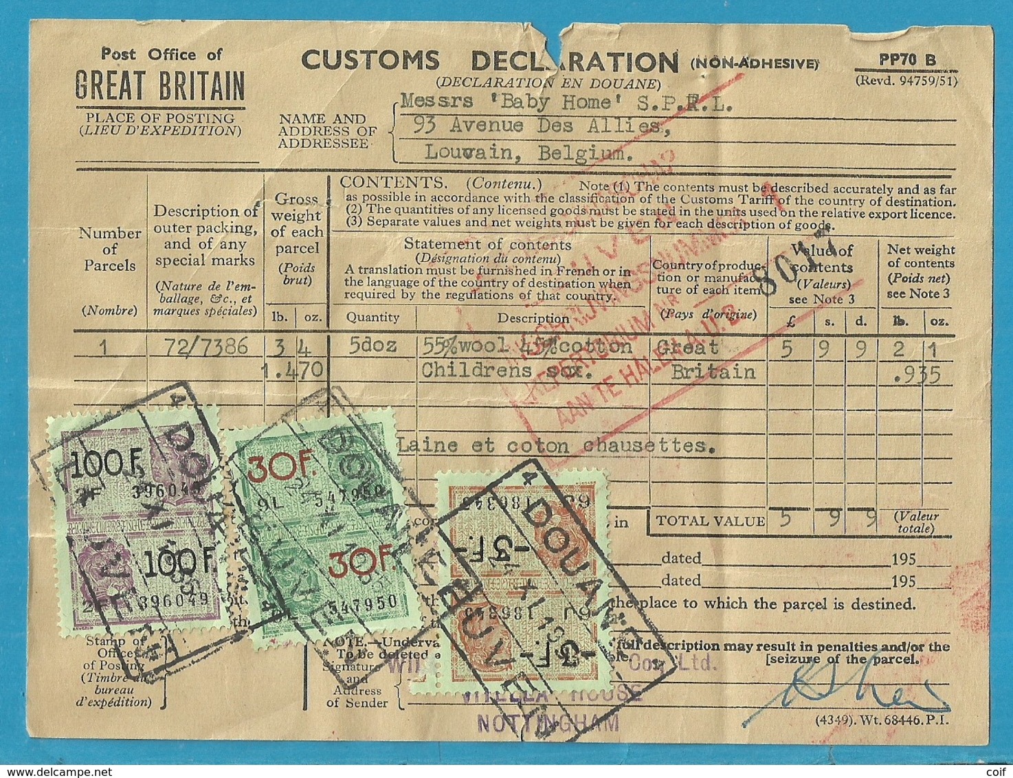 Fiscale Zegels 100 Fr.+30 Fr...TP Fiscaux / Op Dokument/ DECLARATION EN DOUANE 1955 - Documents