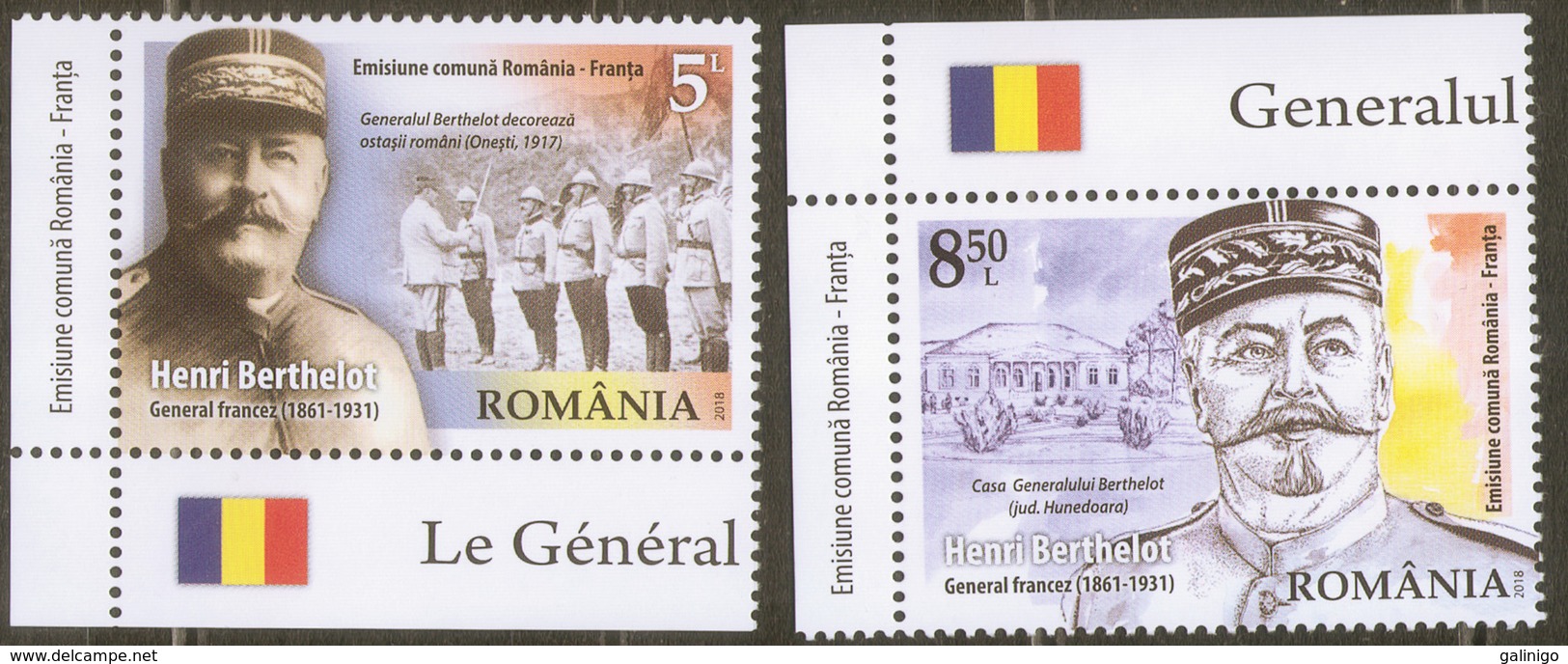 2018 Romania Joint Issue Romania - France, General Berthelot On The Romanian Front WW1.Military 4v-corners MNH - Guerre Mondiale (Première)