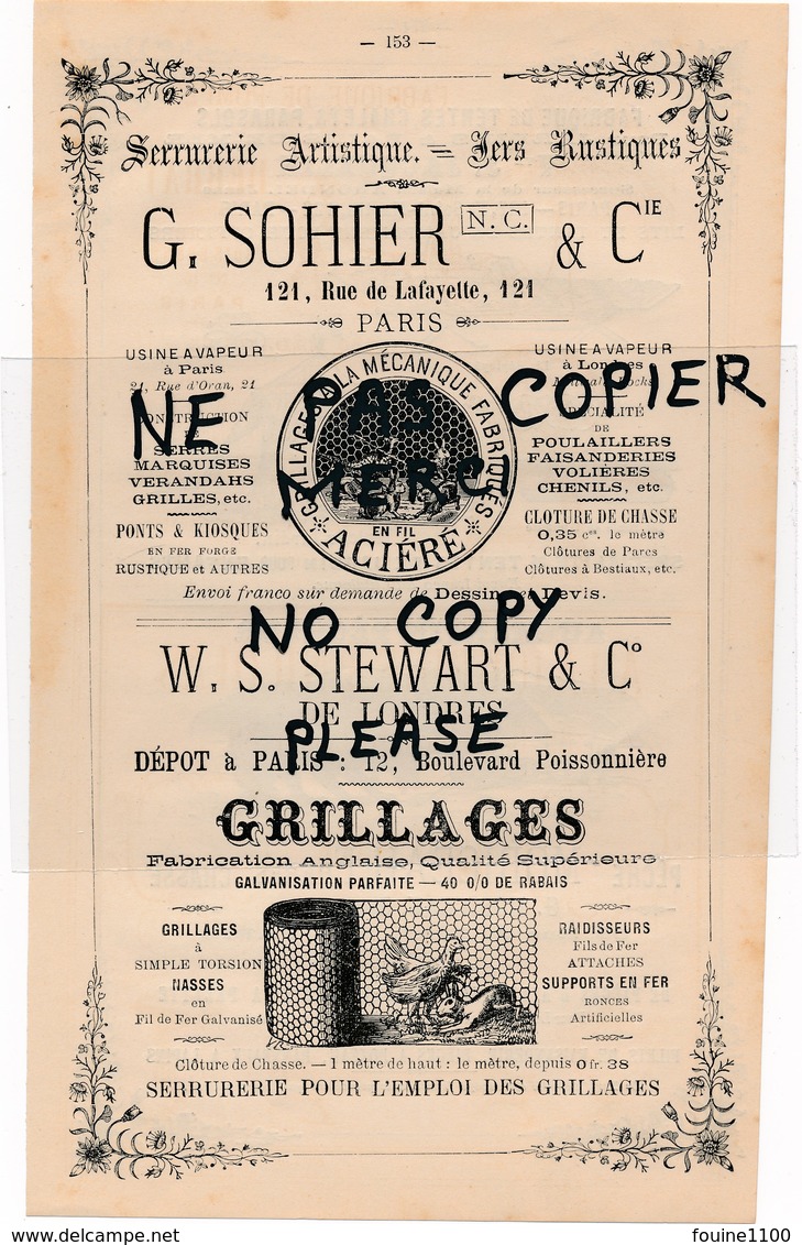 Serrurerie SOHIER Grillages STEWART LONDRES Au Martin Pêcheur Chasse MORICEAU Piège à Loups Tentes JACQUELIN à PARIS - Publicités