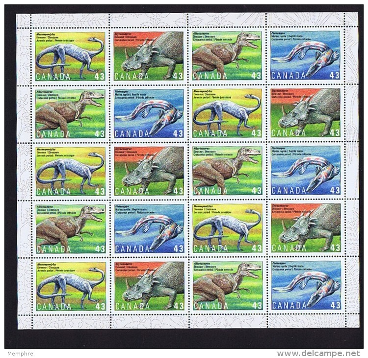 1993  Dinosaurs  Sc 1495-8   Se-tenant Complete MNH Sheet Of 20 - Feuilles Complètes Et Multiples