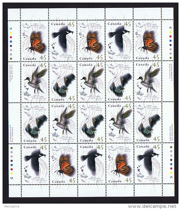 1995  Migratory Birds, Bat, Butterfly   Sc 1563-6   Se-tenant Complete MNH Sheet Of 20 - Hojas Completas