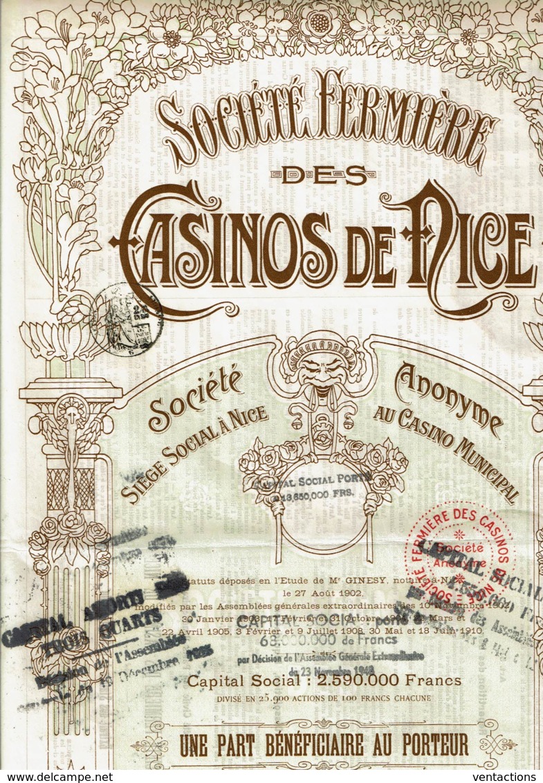 06-FERMIERE DES CASINOS DE NICE. Titre D'1 Part Bénéficiaire De 1910 - Other & Unclassified