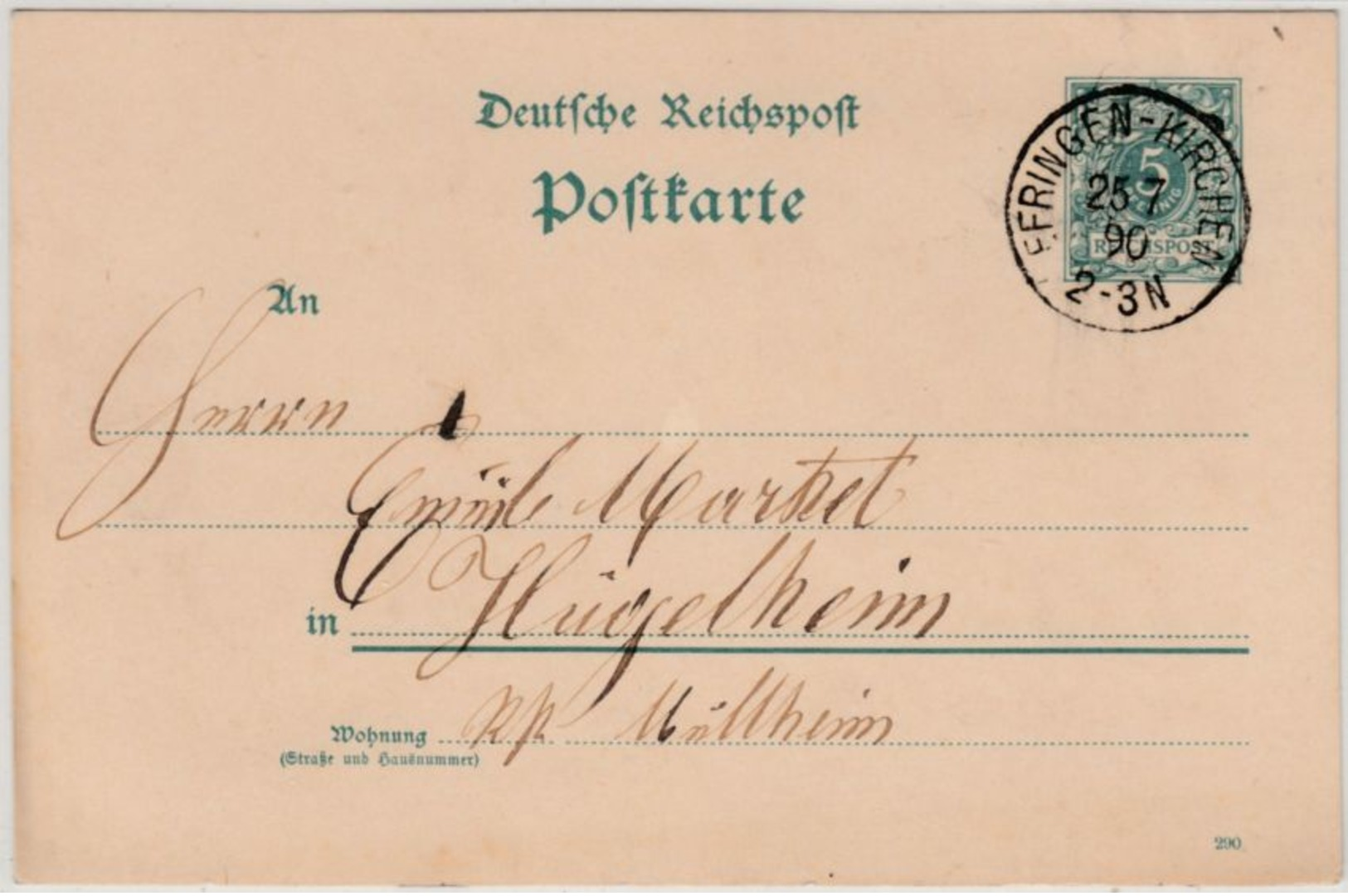 DR - Efringen-Kirchen 1890 K1 A. 5 Pfg. GA-Karte N. Hügelheim - Autres & Non Classés