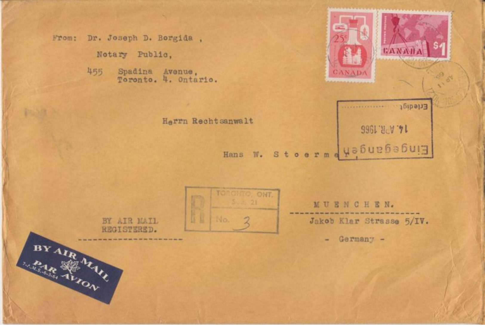 Canada - 1 $ Freimarke U.a. Luftpostbrief Einschreiben Toronto München 1966 - Sonstige & Ohne Zuordnung