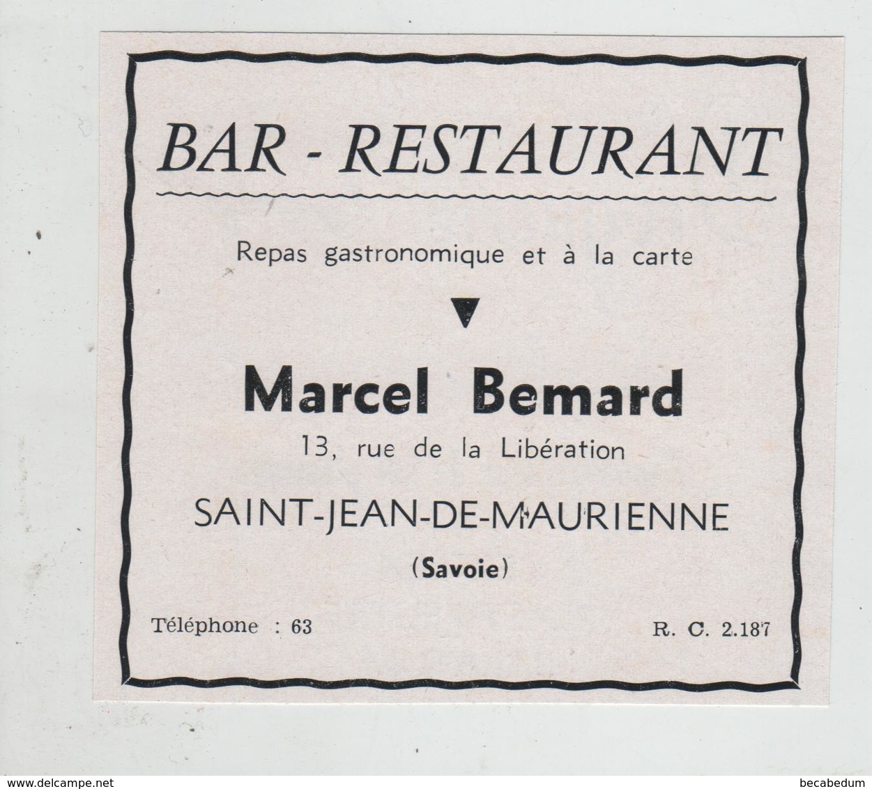 Publicité Saint Jean De Maurienne Bar Restaurant Bemard - Reclame