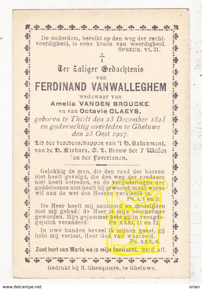 DP Ferdinand VanWalleghem ° Tielt 1823 † Geluwe Wervik 1907 X A. Vanden Broucke Xx O. Claeys - Images Religieuses