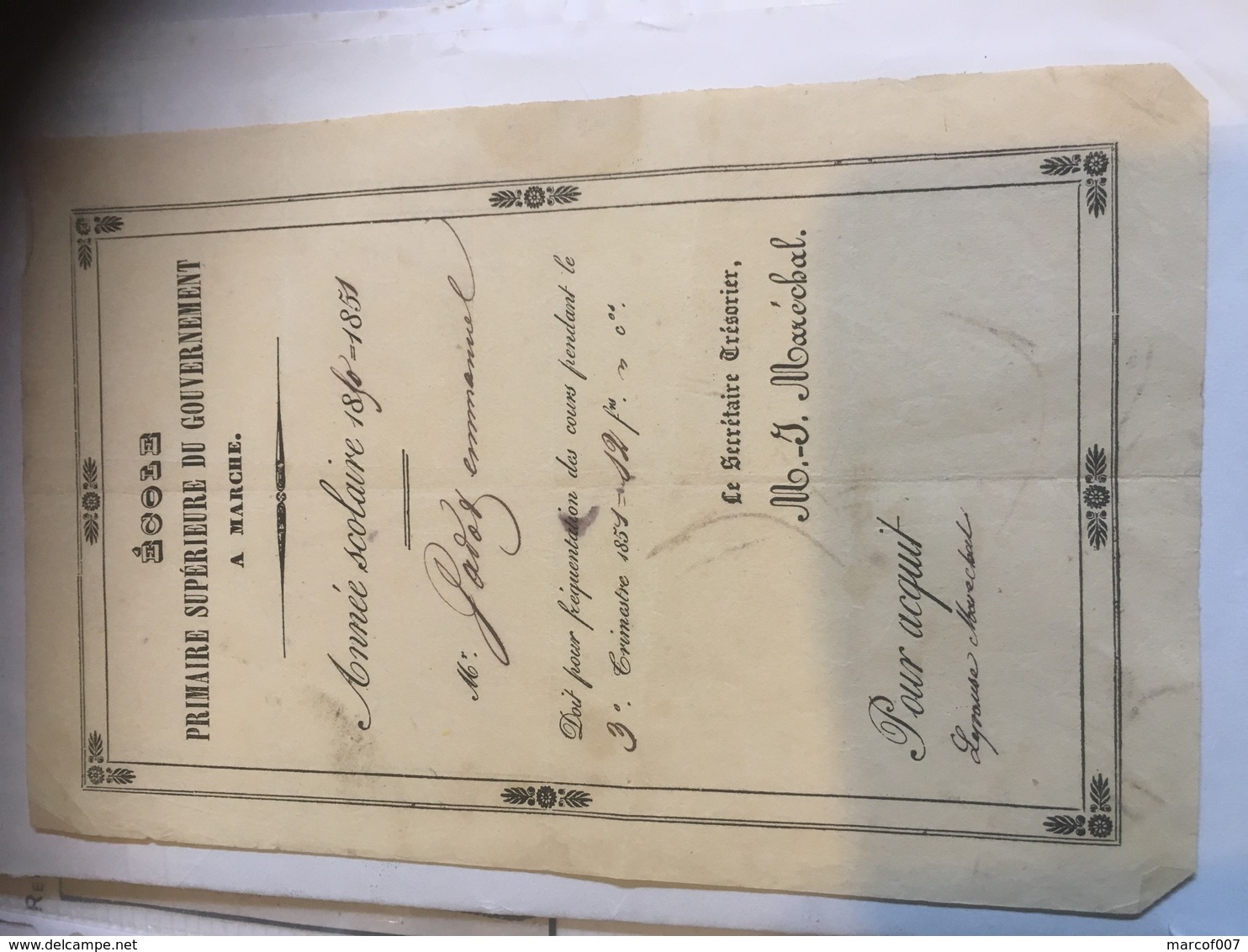MARCHE ÉCOLE PRIMAIRE 1851-1852 Certificat De Fréquentations Des Cours JADOT - Diplômes & Bulletins Scolaires