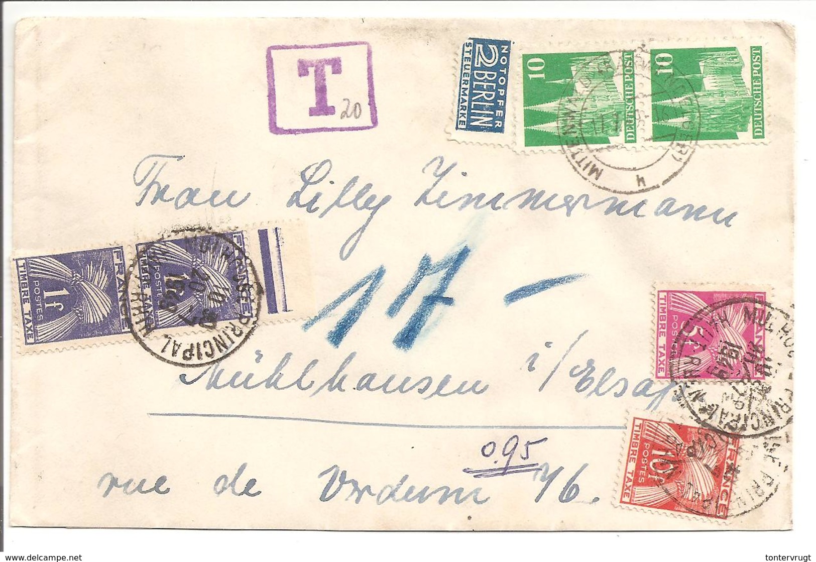 Lettre Deutsche Post Bauten>68 Mulhouse.Taxe(Geres)Em.3-2x1Fr & 5Fr & 10Fr= 17Fr - 1859-1959 Briefe & Dokumente