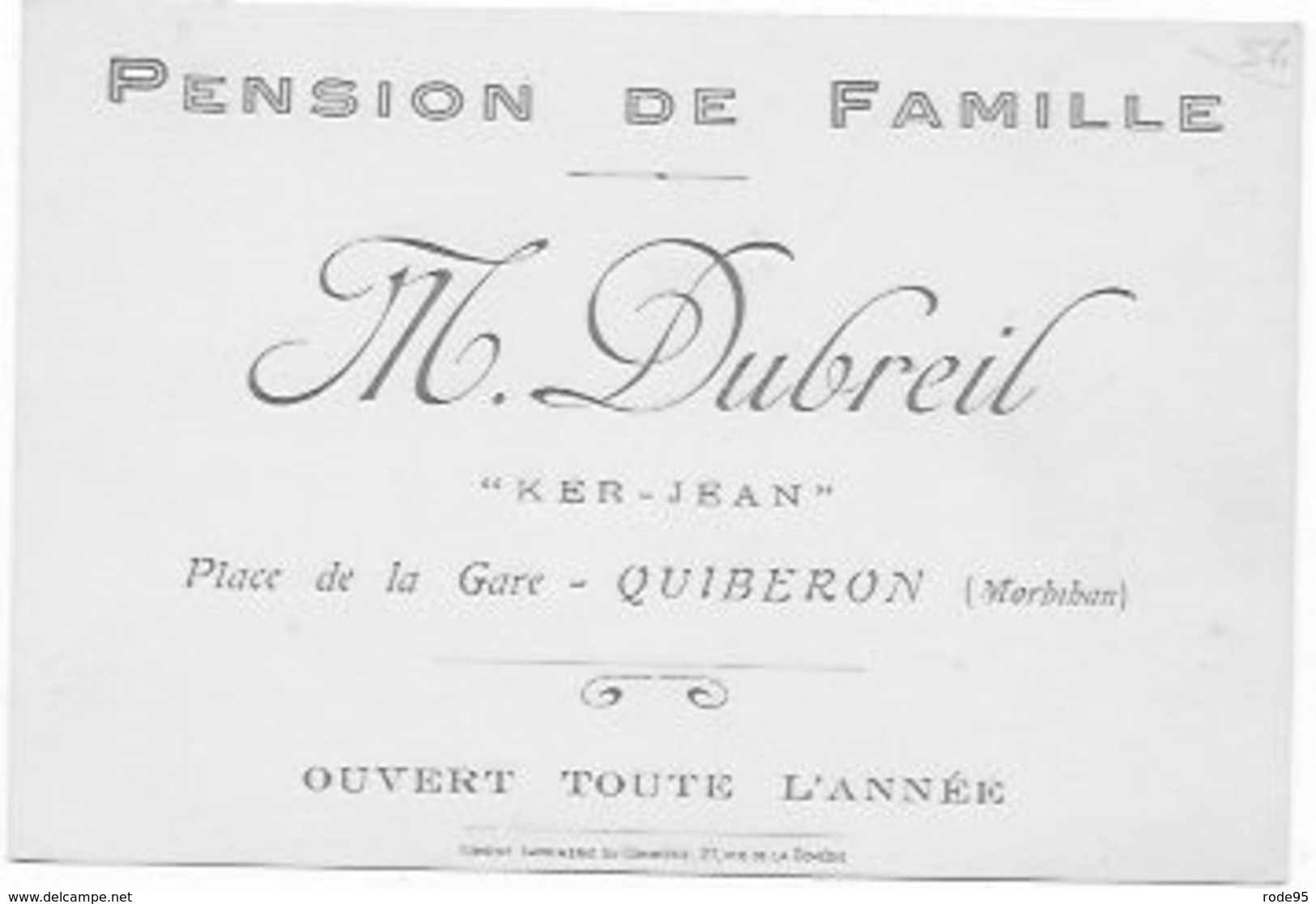 PUBLICITE QUIBERON PENSION DE FAMILLE DUBREIL - Cartes De Visite