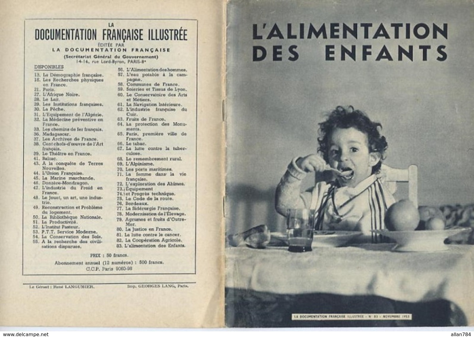 DOCUMENTATION FRANCAISE ILLUSTREE - ALIMENTATION DES ENFANTS ( DIETETIQUE ) - NOVEMBRE 1953 - EXCELLENT ETAT - - Cooking & Wines