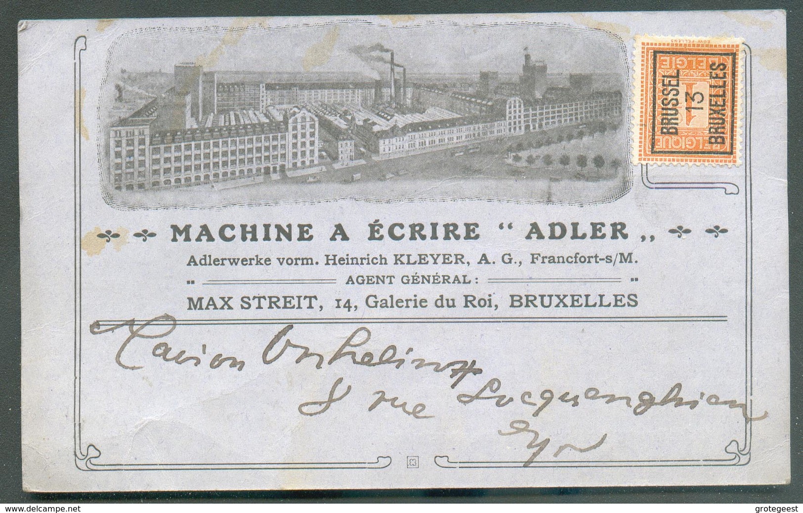 1 Centime PELLENS Obl. Préo BRUSSEL BRUXELLES 13 Sur Carte Illustrée (MACHINE A ECRIRE ADLER - Max Streit 14, Galerie Du - Typos 1912-14 (Lion)