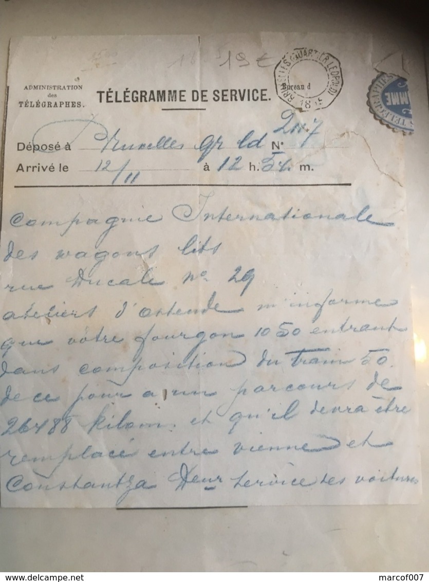 Télégramme Compagnie Inter. Des Wagons Lits - Bruxelles 1895 + Cachet à Voir - Telegraph [TG]