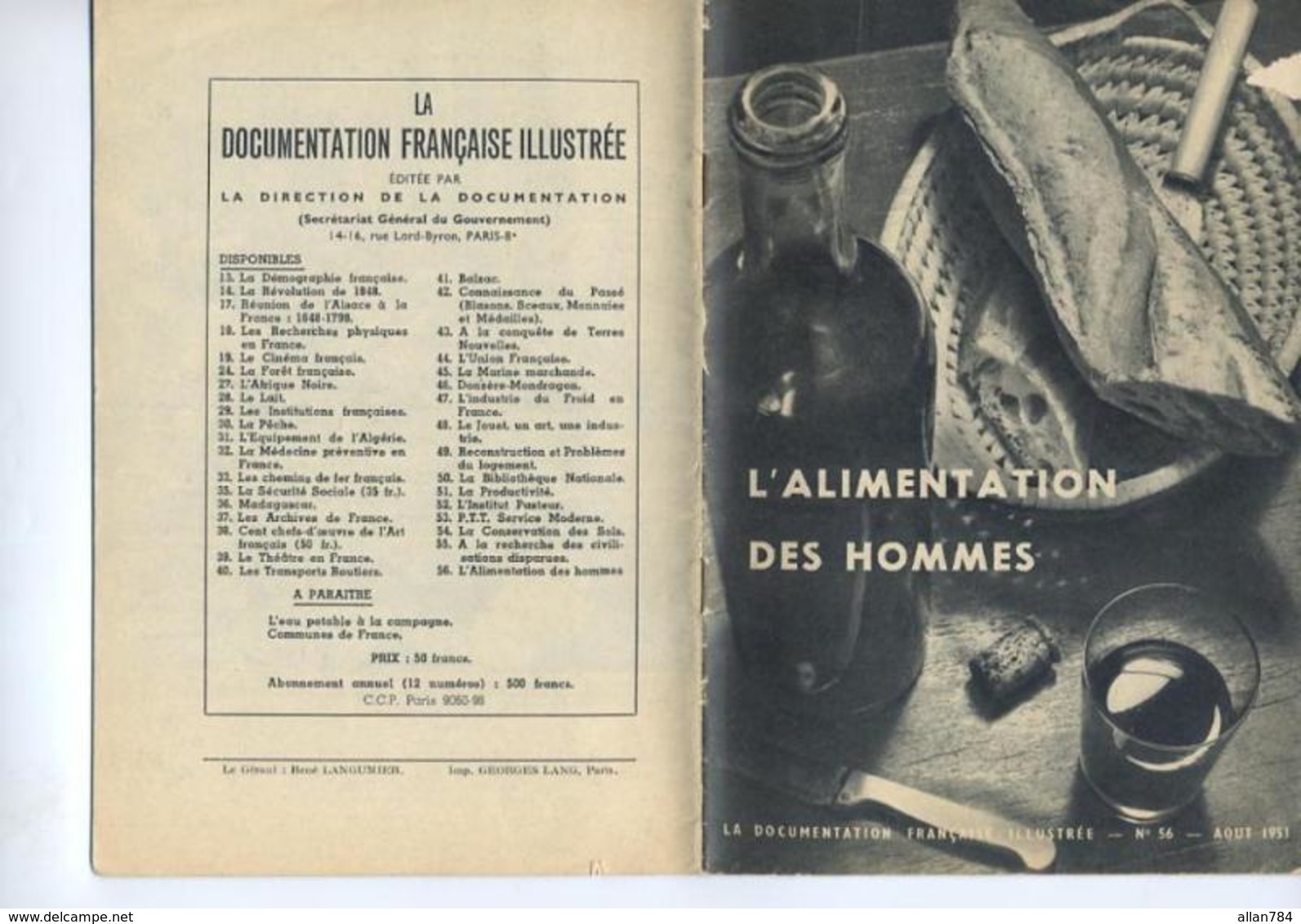 DOCUMENTATION FRANCAISE ILLUSTREE - ALIMENTATION DE HOMMES - AOUT 1951 - EXCELLENT ETAT - - Médecine & Santé