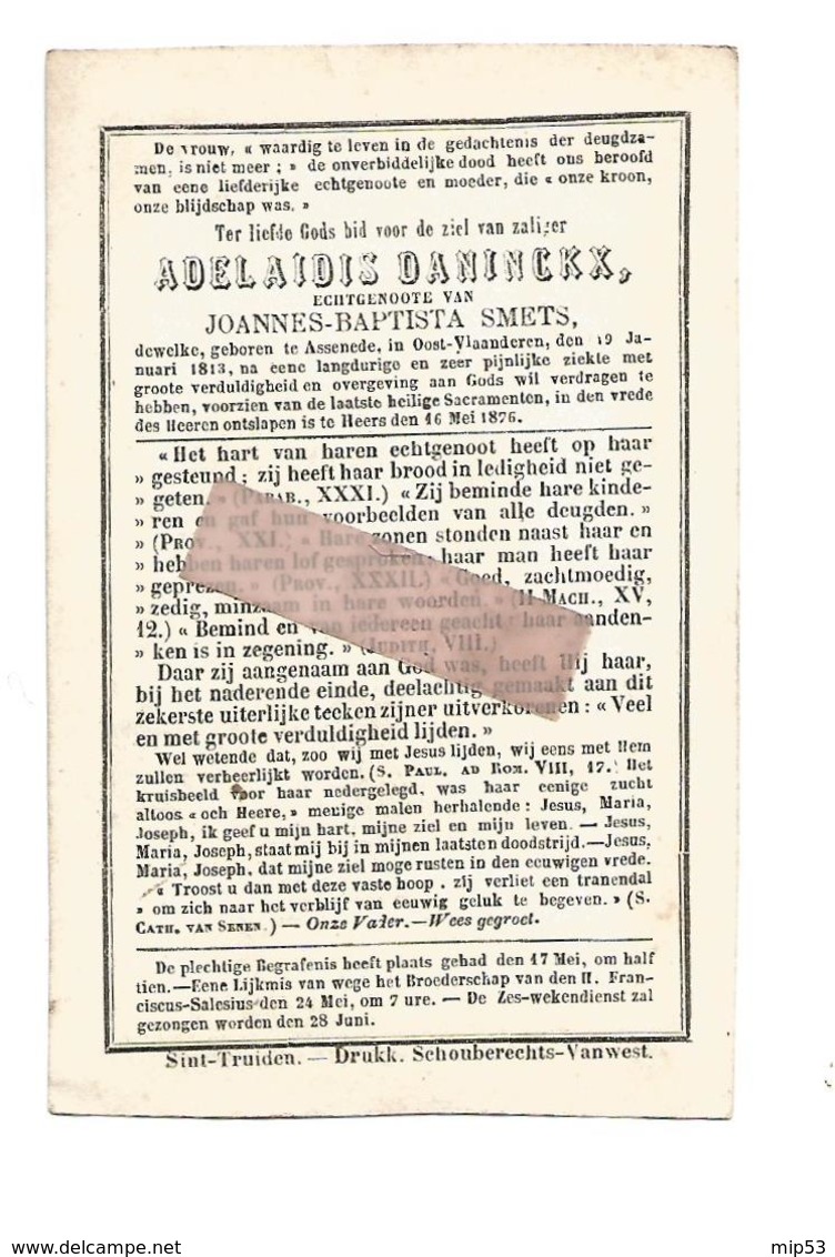 D 688. ADELAIDIS DANINCKX  Echtg. J.Smets - °ASSENEDE (O.VL.) 1813 /  +HEERS 1876 - Andachtsbilder