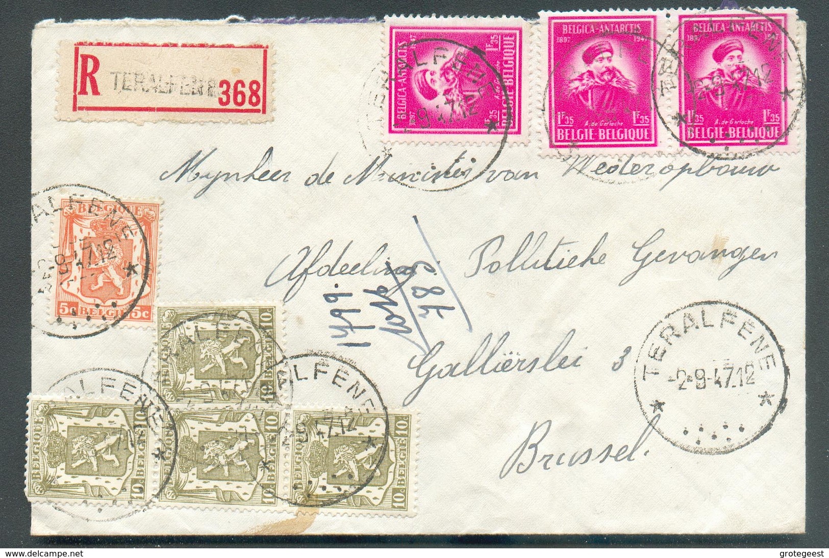 Affr. BELGICA ANTARCTIC De GERLACHE + LION à 4Fr50 (port Exact) Sur Enveloppe Recommandée Du Relais De TERALFENE * Le 2- - Postmarks With Stars